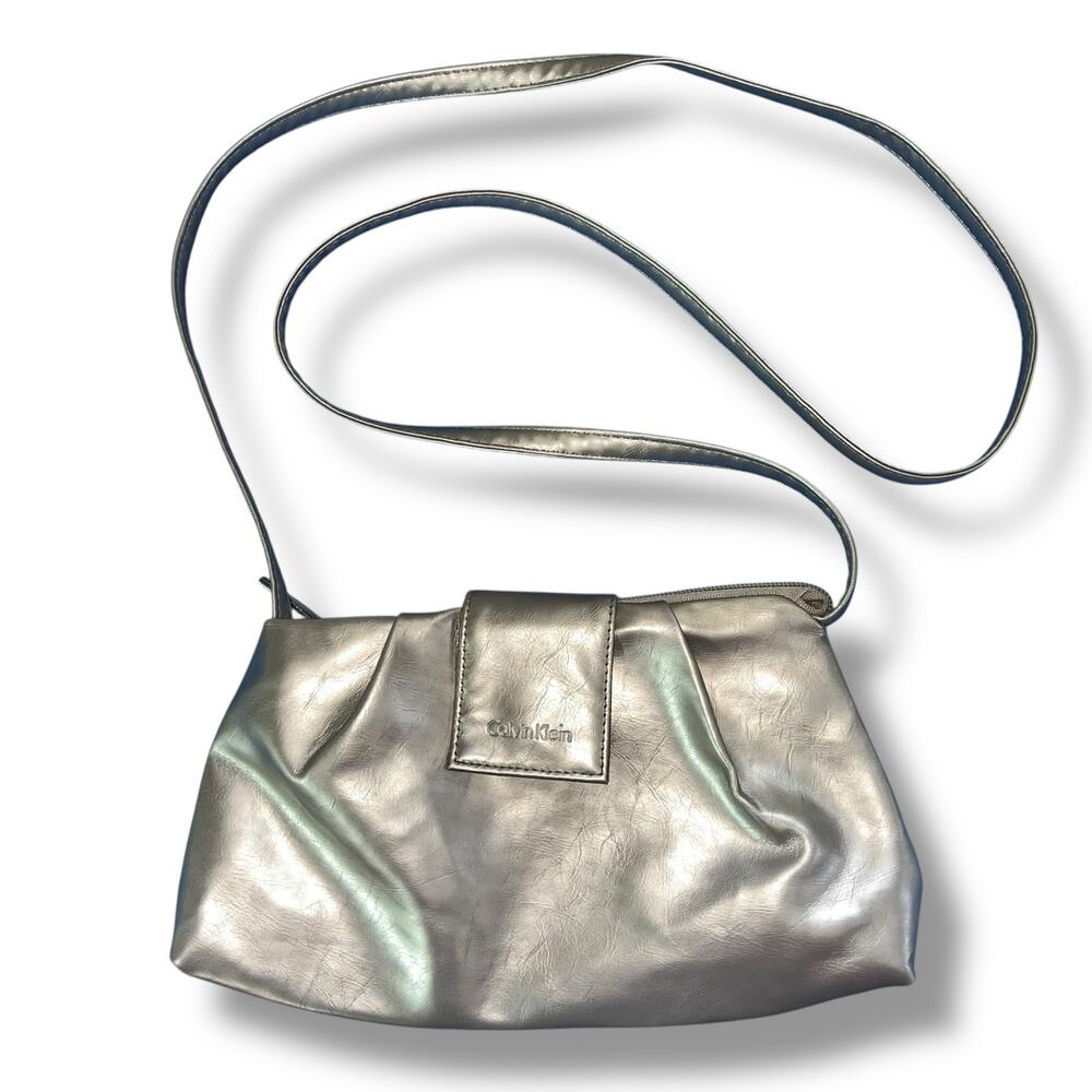 Calvin Klein Womens Faux Leather Evening Bag Crossbody Purse Metallic Gold